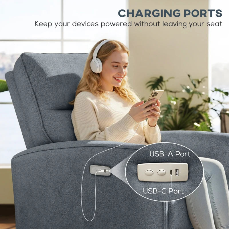 Power Recliner Chair, Fabric Upholstered Recliner Chair with USB Ports, Footrest, Charcoal Grey