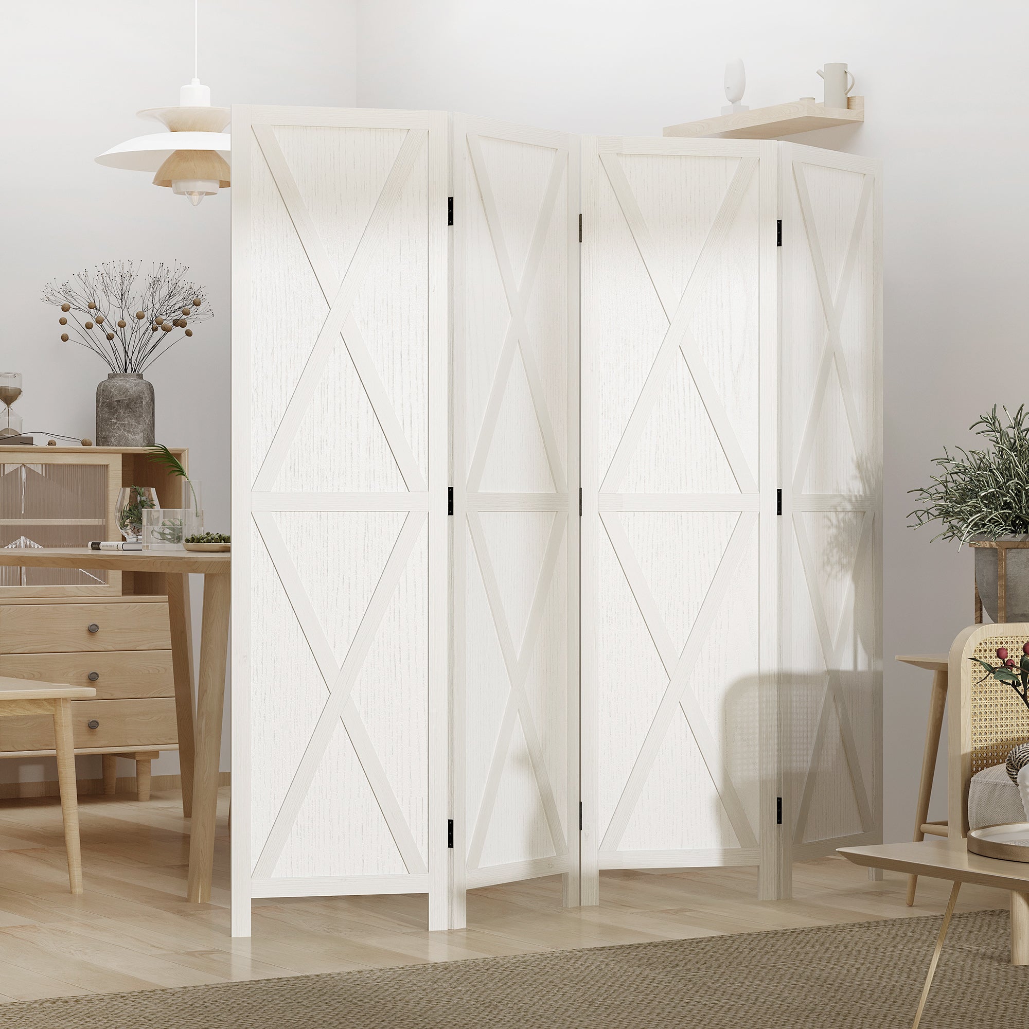 HOMCOM 4-Panel Wall Partition Farmhouse Room Divider: Foldable Design Wooden Frame 5.6FT, White
