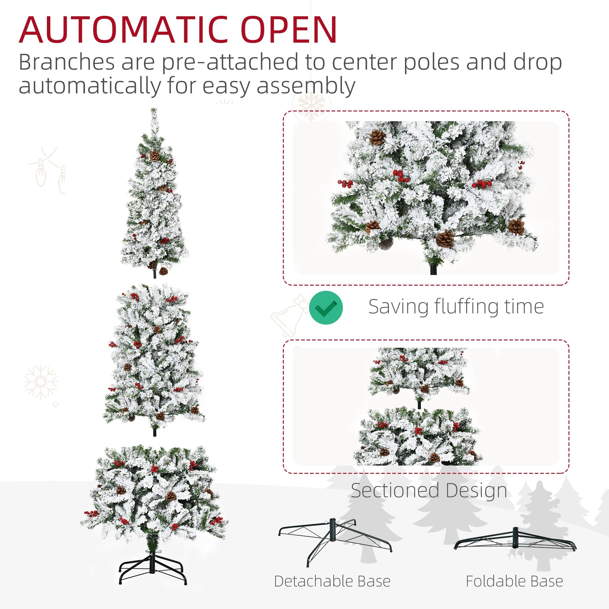 HOMCOM 7.5 Foot Pencil Snow Flocked Artificial Christmas Tree with 950 Pine Realistic Branches, Pine Cones, Red Berries, Auto Open