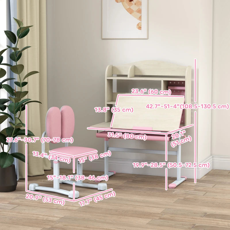 Qaba Kids Desk and Chair Set with Tilt Desktop, Adjustable Height, Drawer and Shelves for Boys Girls Ages 3-12, Pink