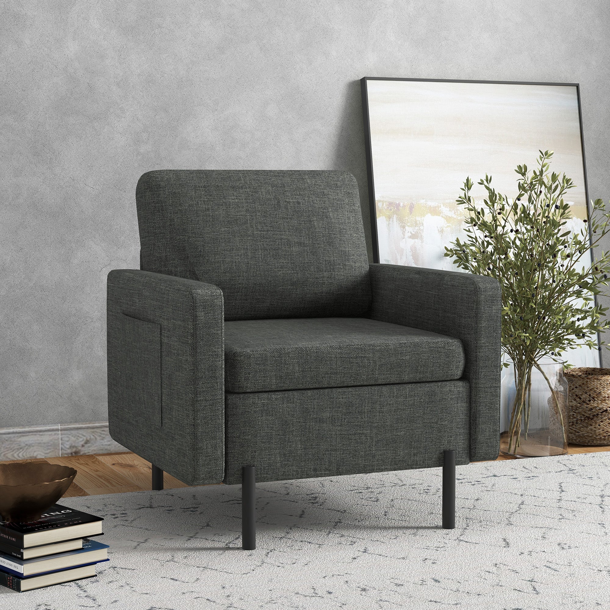 HOMCOM Cozy Armchair with Pockets: Fabric Upholstery on Sleek Metal Frame, Charcoal Grey