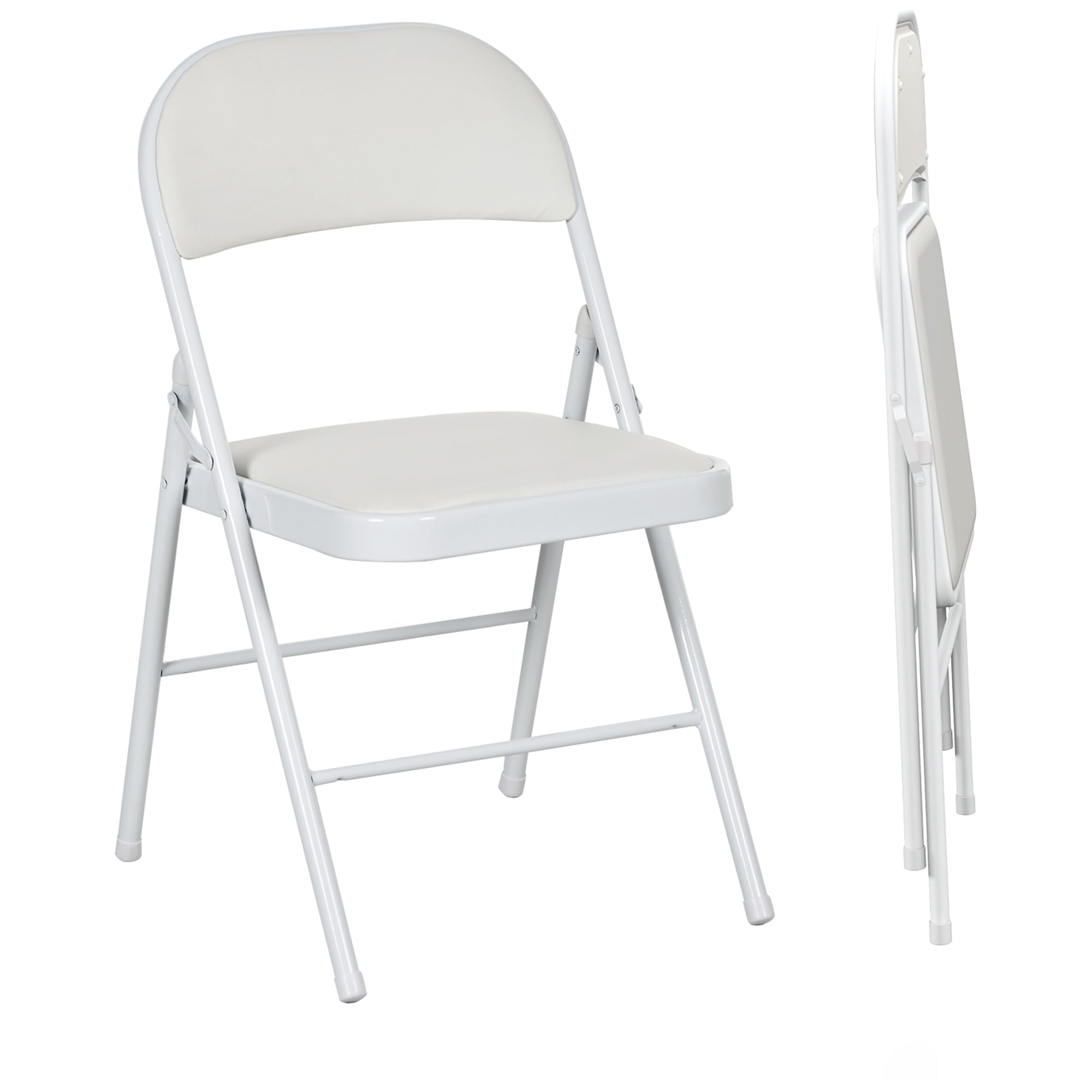 HOMCOM Set of 2 Metal Foldable Chairs, PU Leather Padded Folding Chairs with Cushion Seat and Open Back for Indoor, White