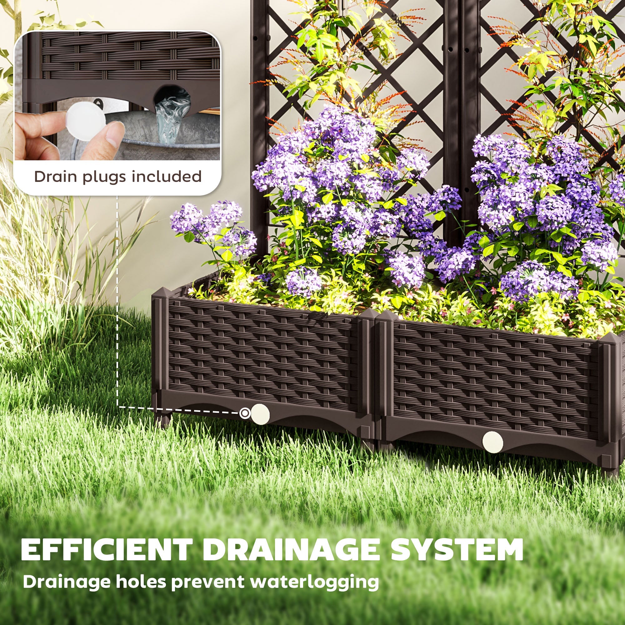 Outsunny Raised Garden Bed with Trellis, Plastic Raised Flower Bed with Drainage Holes and Drain Plugs, 32" x 16" x 48"