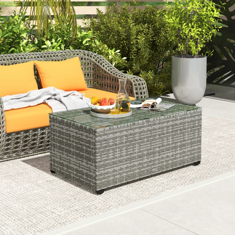 Wicker Outdoor Coffee Table, PE Wicker Rectangular Patio Table with Tempered Glass Top for Garden, Balcony, Light Grey