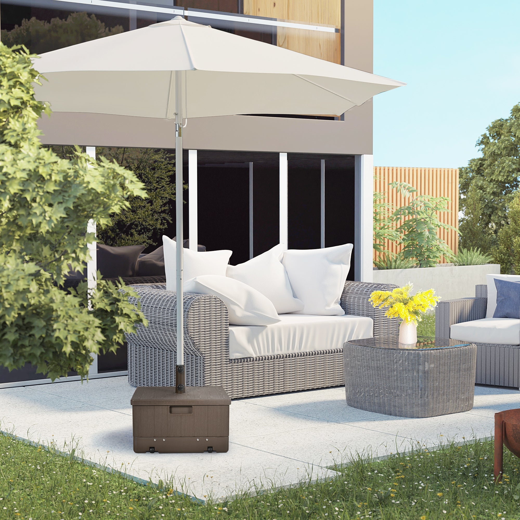 Outsunny 3-in-1 Outdoor Umbrella Base with Wheels, Side Table, Planter Box, 175lbs Heavy Duty Patio Umbrella Stand, Brown