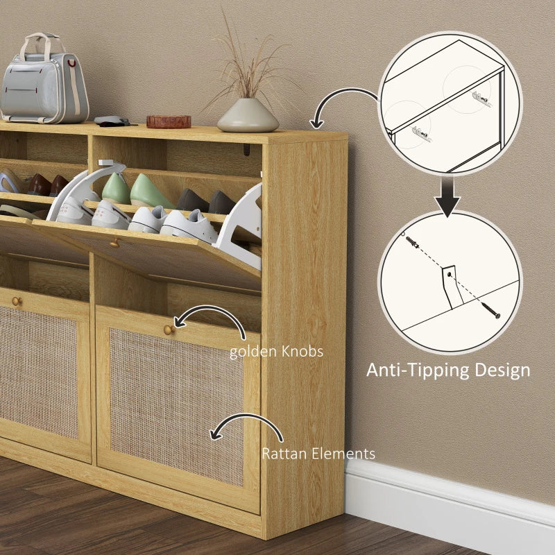 Narrow Shoe Storage Cabinet, Rattan Shoe Cabinet with 4 Flip Drawers and Adjustable Shelves for 20 Pairs, Oak