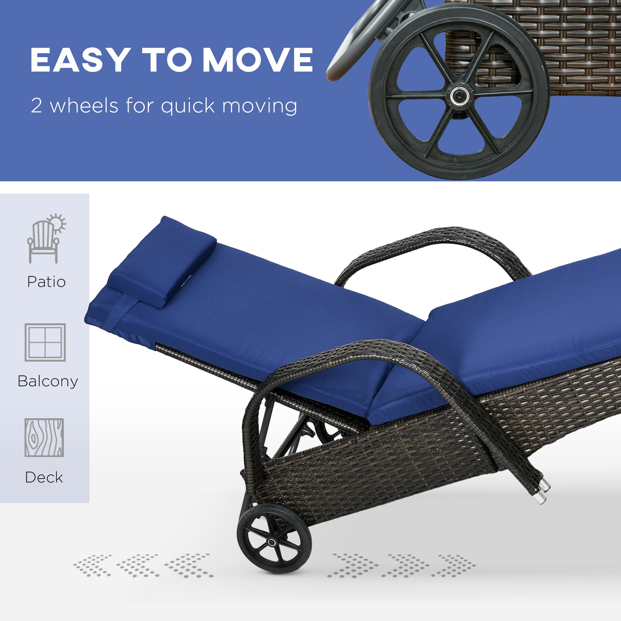 Outsunny Patio Rattan Lounge Set, Wheeled Wicker Chaise Lounge Chair and Table with Tempered Glass Top, Dark Blue