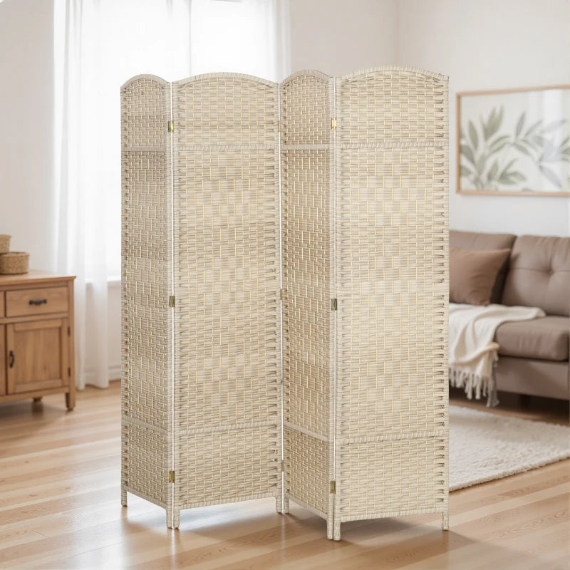 6 Ft Tall Folding Room Divider, 4 Panel Portable Privacy Screen, Hand-Woven Partition Wall Divider, Light Oak