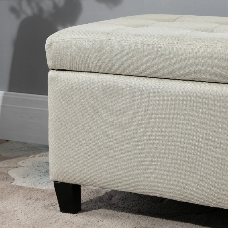 Rectangular Entry Bench, Tufted Upholstered Linen Fabric Wood Feet Storage Ottoman Bench, Beige