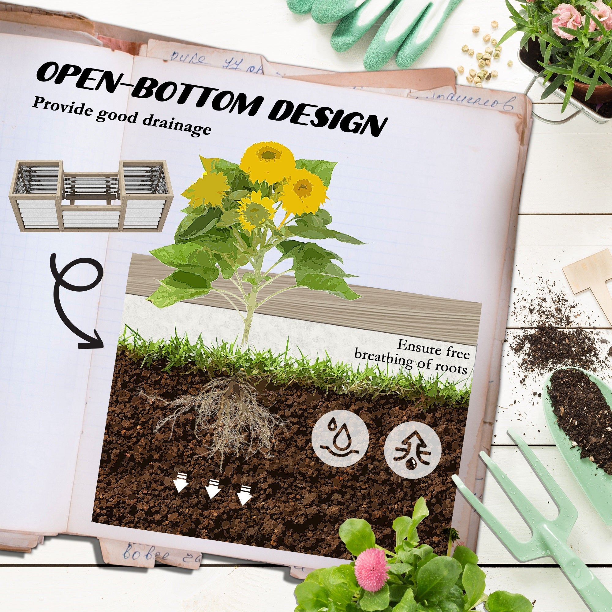 Outsunny Metal Wood Planter Raised Garden Bed: For Outdoor Flowers, Herbs & Vegetable Gardening