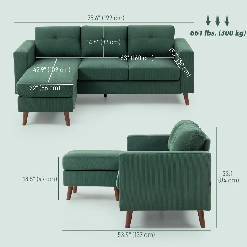 Sectional Sofa with Changeable Chaise Lounge, 3 Seat L-Shaped Sofa, Upholstered Couch for Small Space, Dark Green