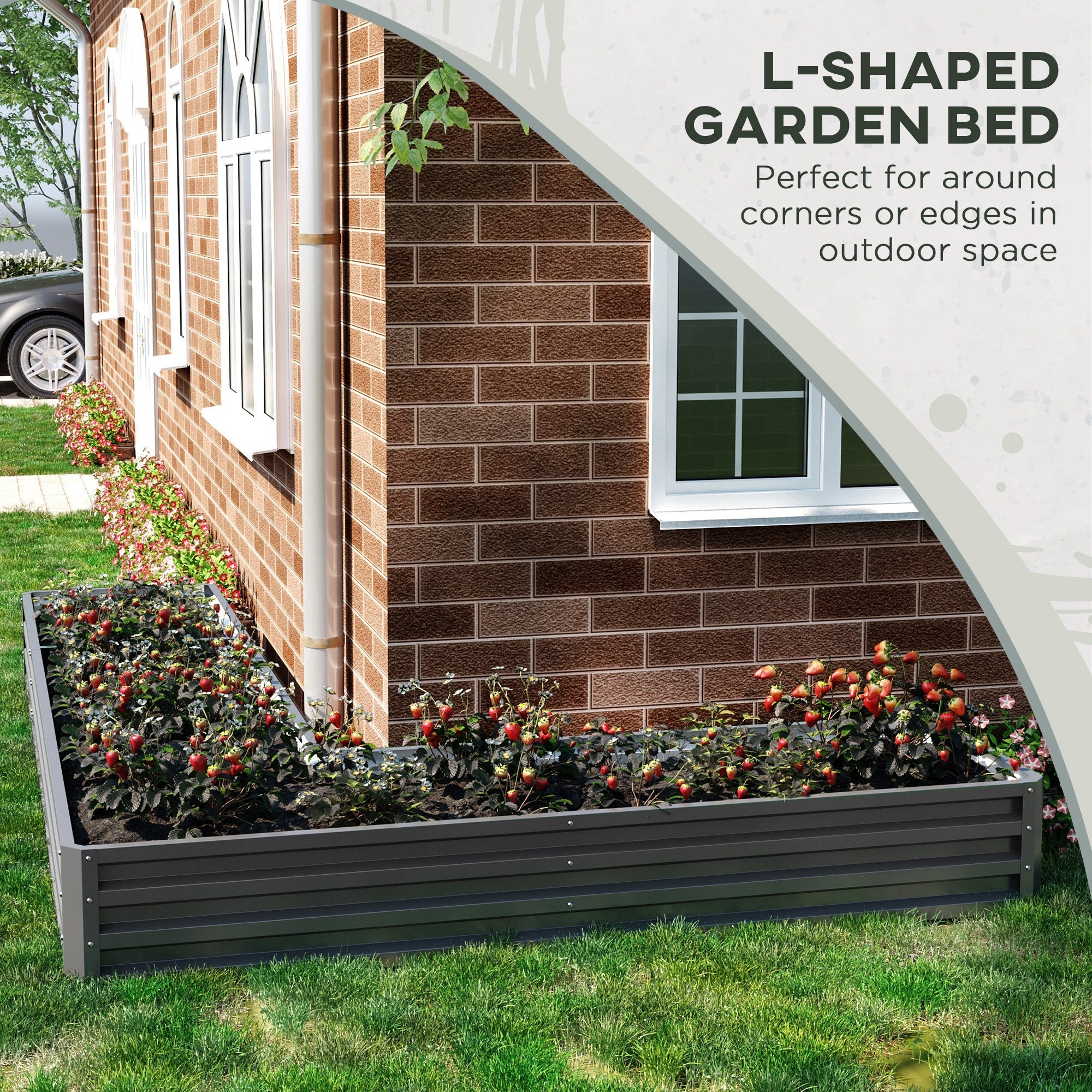 Outsunny 82" x 109" x 12" L-Shaped Galvanized Steel Raised Garden Bed Planter Box Multi-Rods Dark