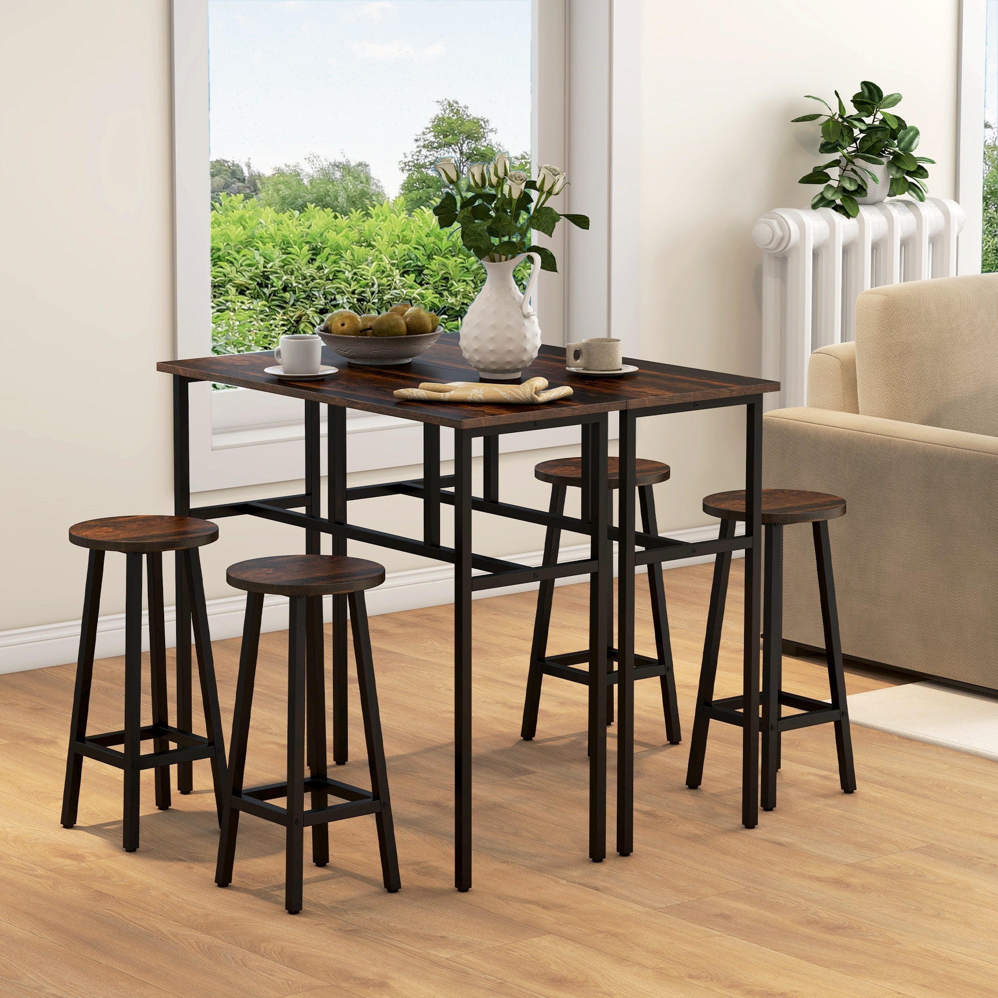 HOMCOM Bar Table Set of 6 Bar Table 4 Stools Living Dining Room Rustic Brown Furniture for Home Pub