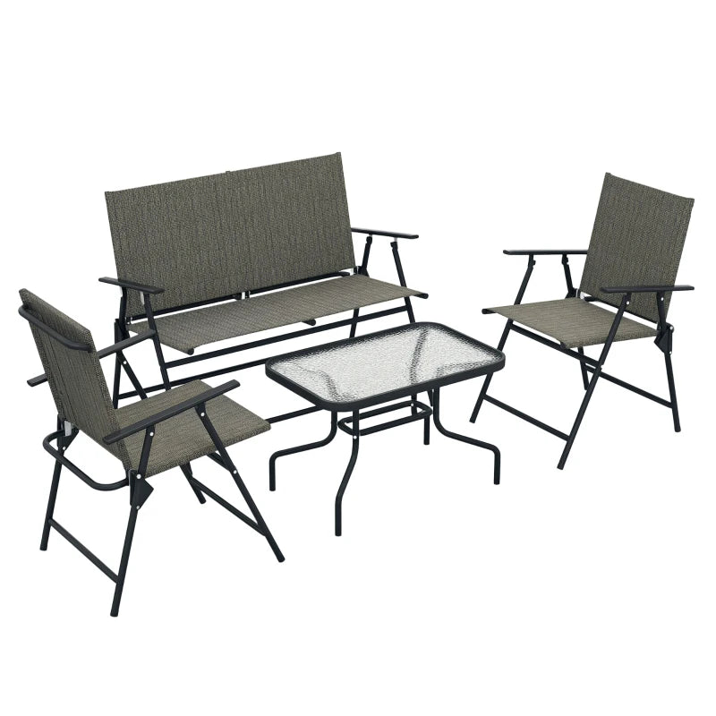 Outdoor 4 Pieces Patio Furniture Set, Garden Set with Two Foldable Armchairs, a Loveseat & Glass Top Table, Mixed Brown