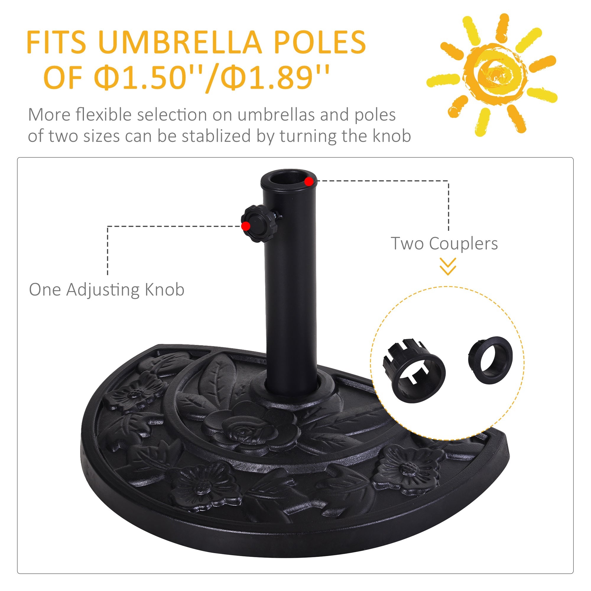 Outsunny 20" Half Round Patio Umbrella Base: Decorative Resin Stand Holder, Outdoor, Black