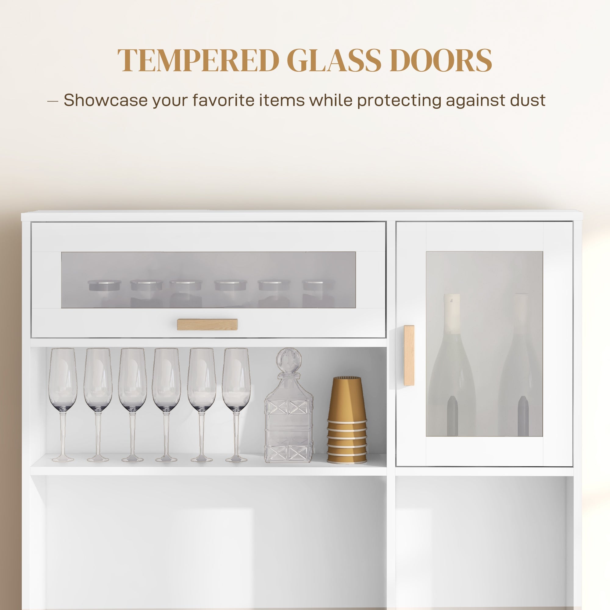 HOMCOM Coffee Bar Cabinet Kitchen Hutch Wine Storage Microwave Countertop Drawer Tempered Glass Doors White Stylish Versatile Furniture