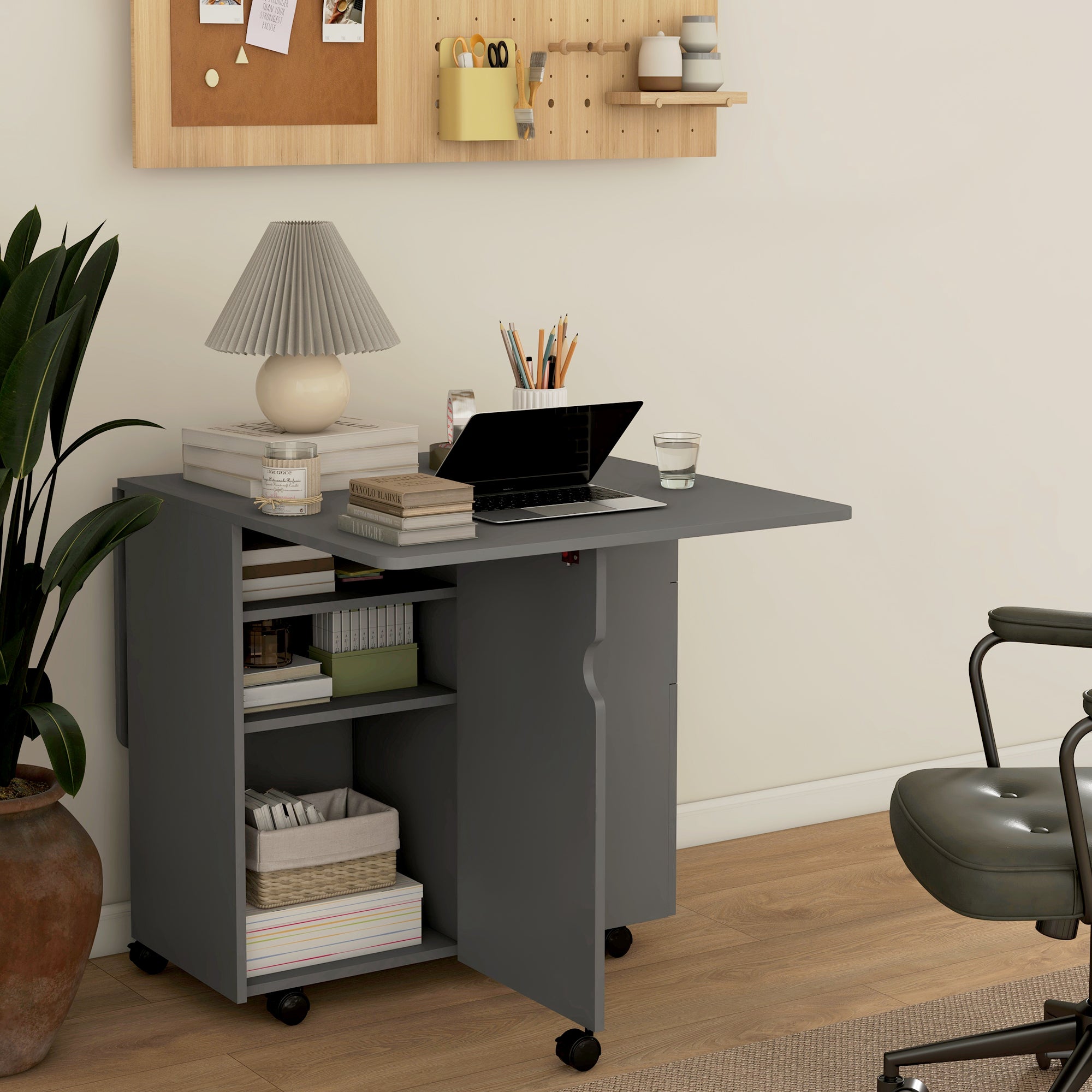 HOMCOM Extendable Drop Leaf Dining Table 2 Drawers Cabinet 6 Wheels Small Spaces Kitchen Grey