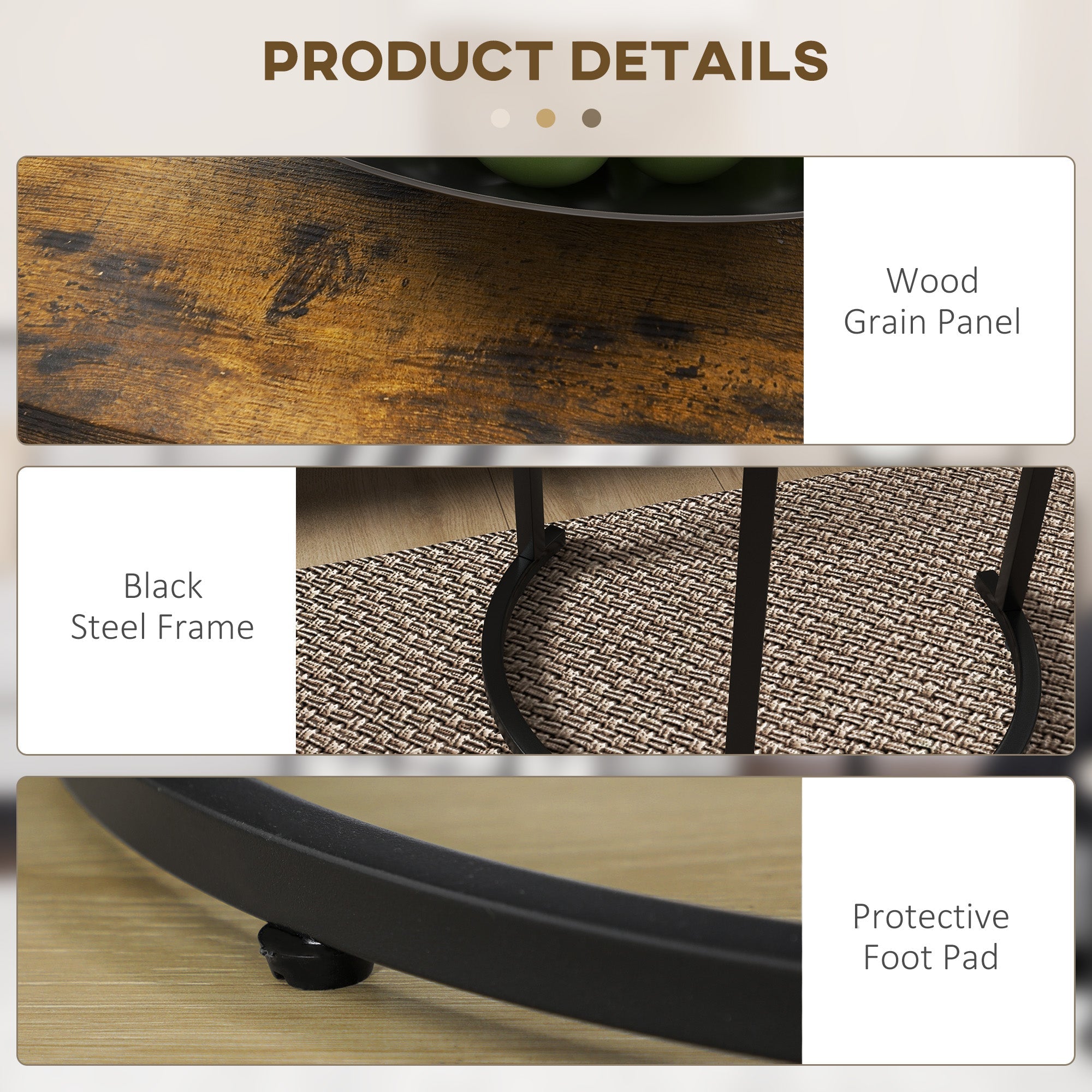 HOMCOM Nesting Coffee Tables Set of 3, Stacking Round Side Tables with Steel Frame for Living Room, Rustic Brown