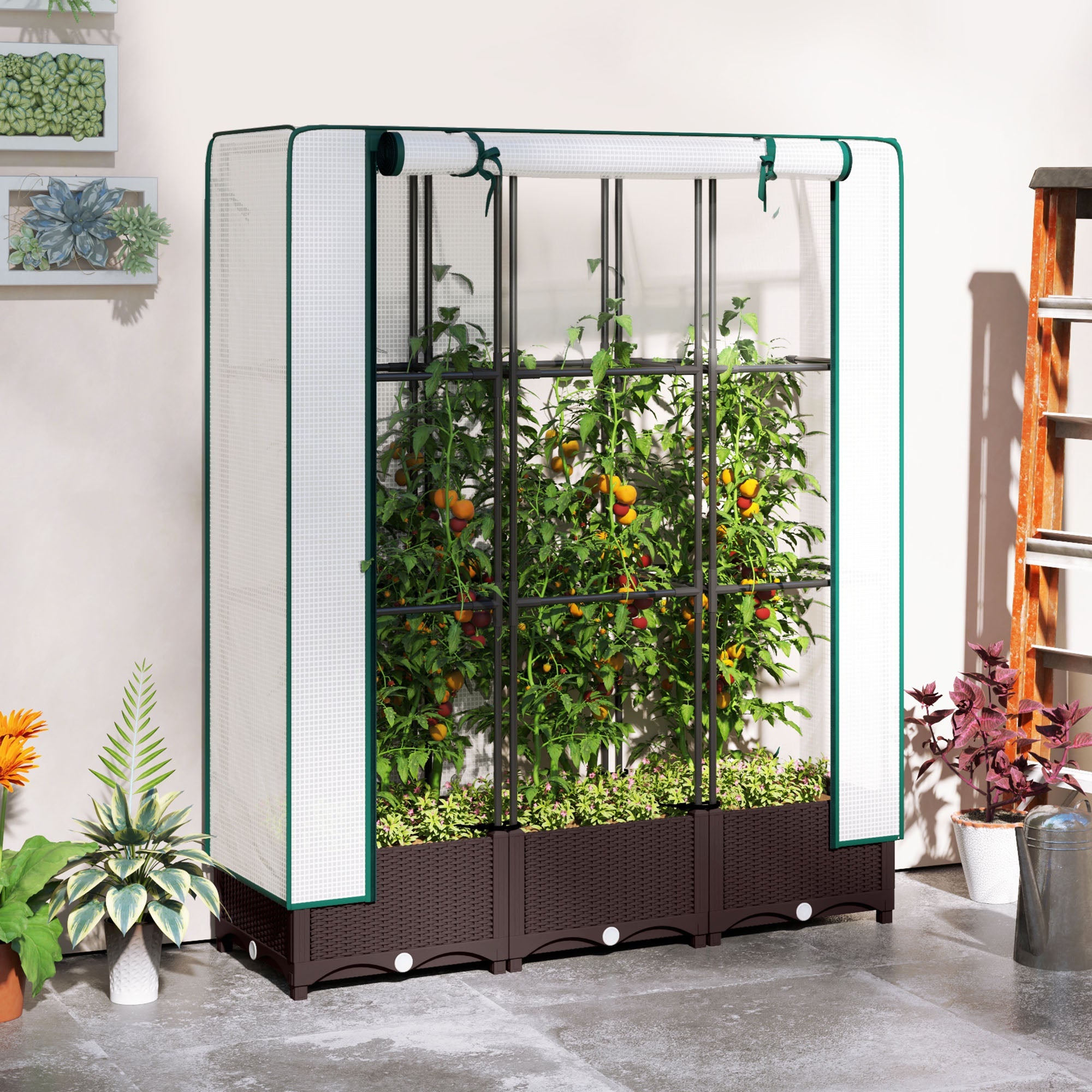 Outsunny Raised Garden Bed Kit with Trellis, Plastic Raised Flower Bed with PE Cover and Zipper Door, 47 x 16 x 50 inch