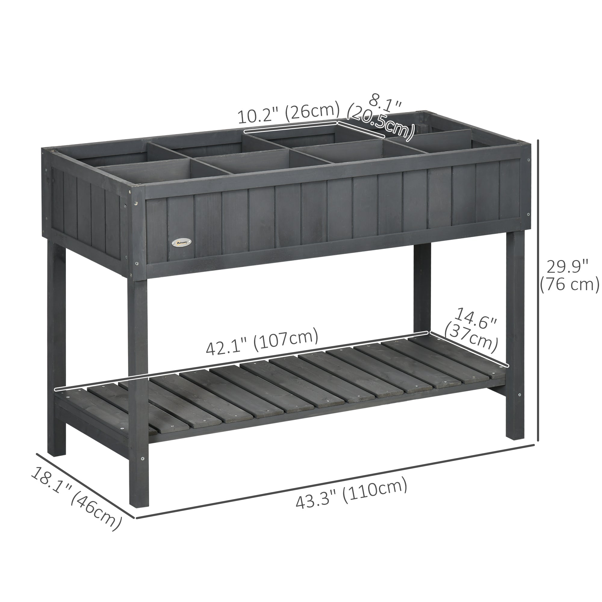Outsunny 43.25" x 18" x 30" Raised Garden Bed, Wooden Plant Stand with 8 Grid Box, Storage Shelf for Outdoor, Dark Grey
