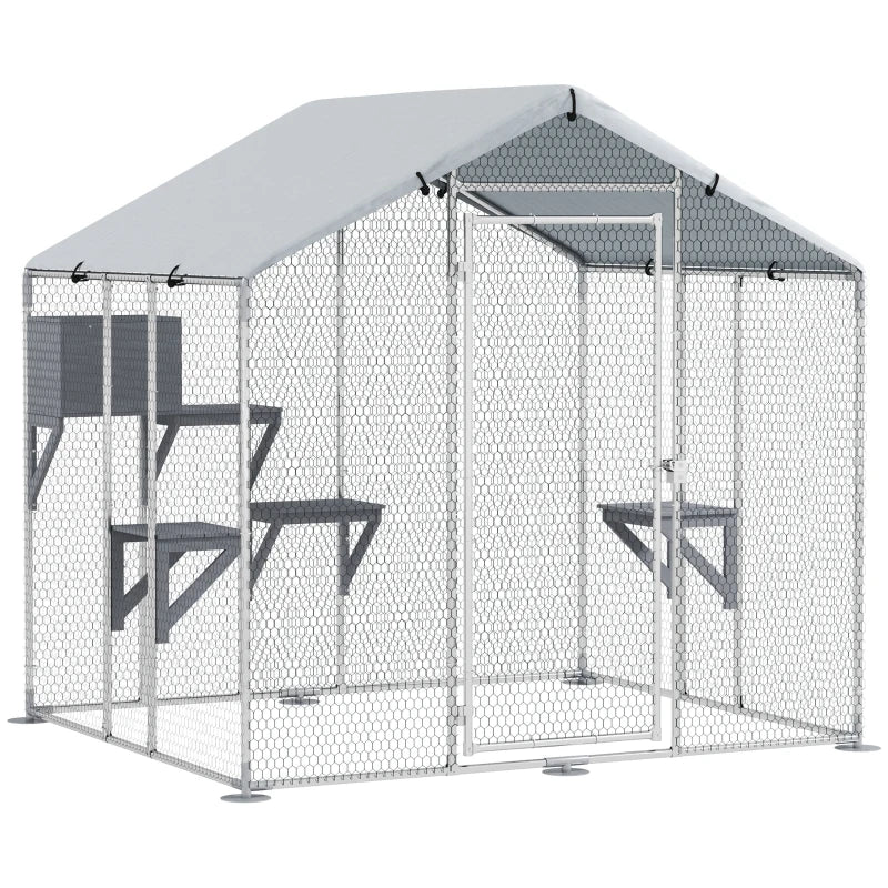 79" Extra Large Metal Outdoor Catio with Waterproof Cover, Resting Box, 4 Platforms, for Multiple Rabbits, Chicken
