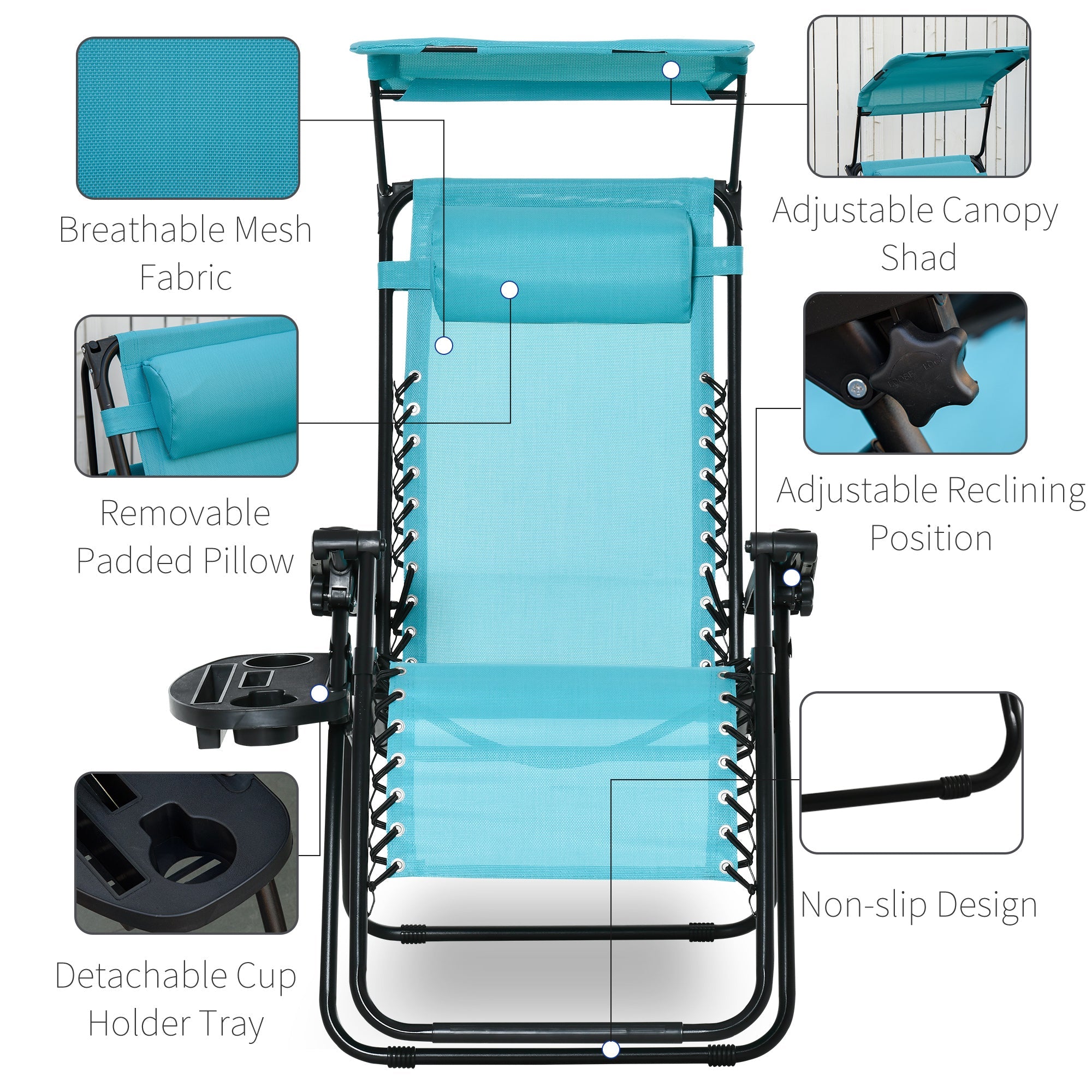 Outsunny 2 piece Zero Gravity Chair Adjustable Patio Lounge Chair Reclining Seat W/ Cup Holder & Canopy Shade