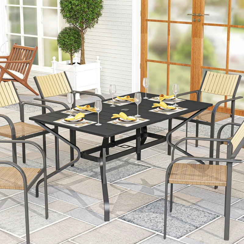 Rectangle Patio Dining Table with Umbrella Hole, Outdoor Dining Table for 6 with Steel Frame for Garden, Balcony, Black