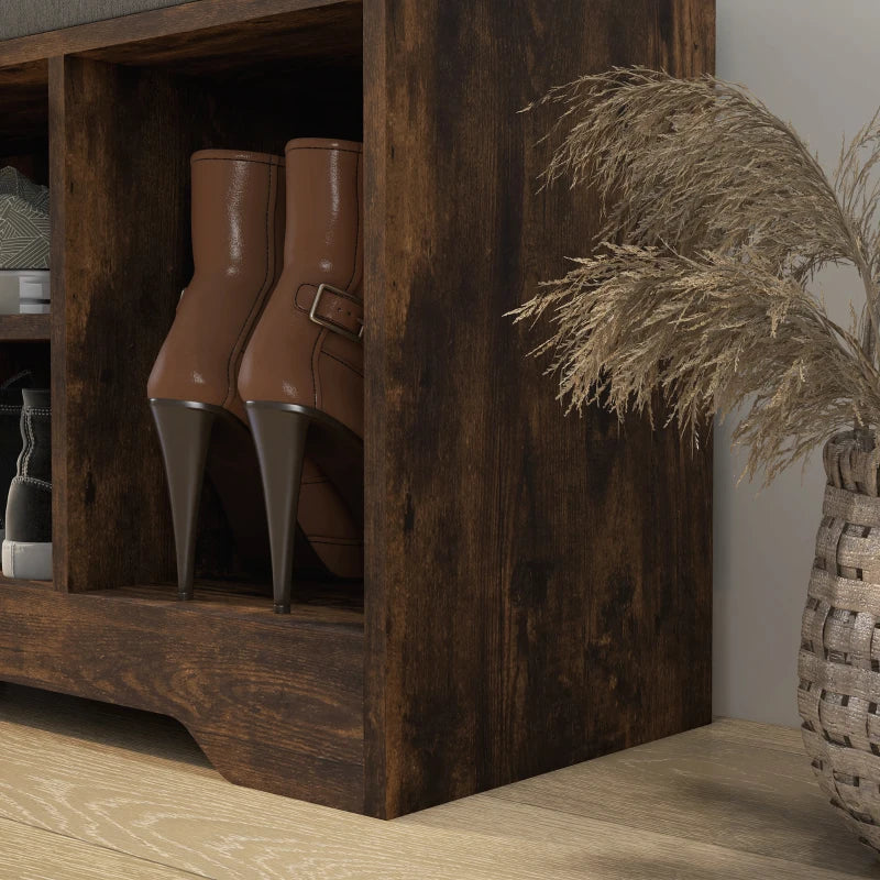 Upholstered Shoe Storage Bench, Hallway Shoe Storage with Seat, Drawer, 3 Open Shelves for Entryway, Rustic Brown