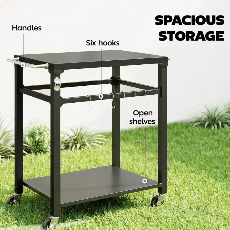 Outdoor Grill Cart, Pizza Oven Stand with Steel Top, 2-Tier Kitchen Prep Station with Hooks, Handle, Wheels, Black