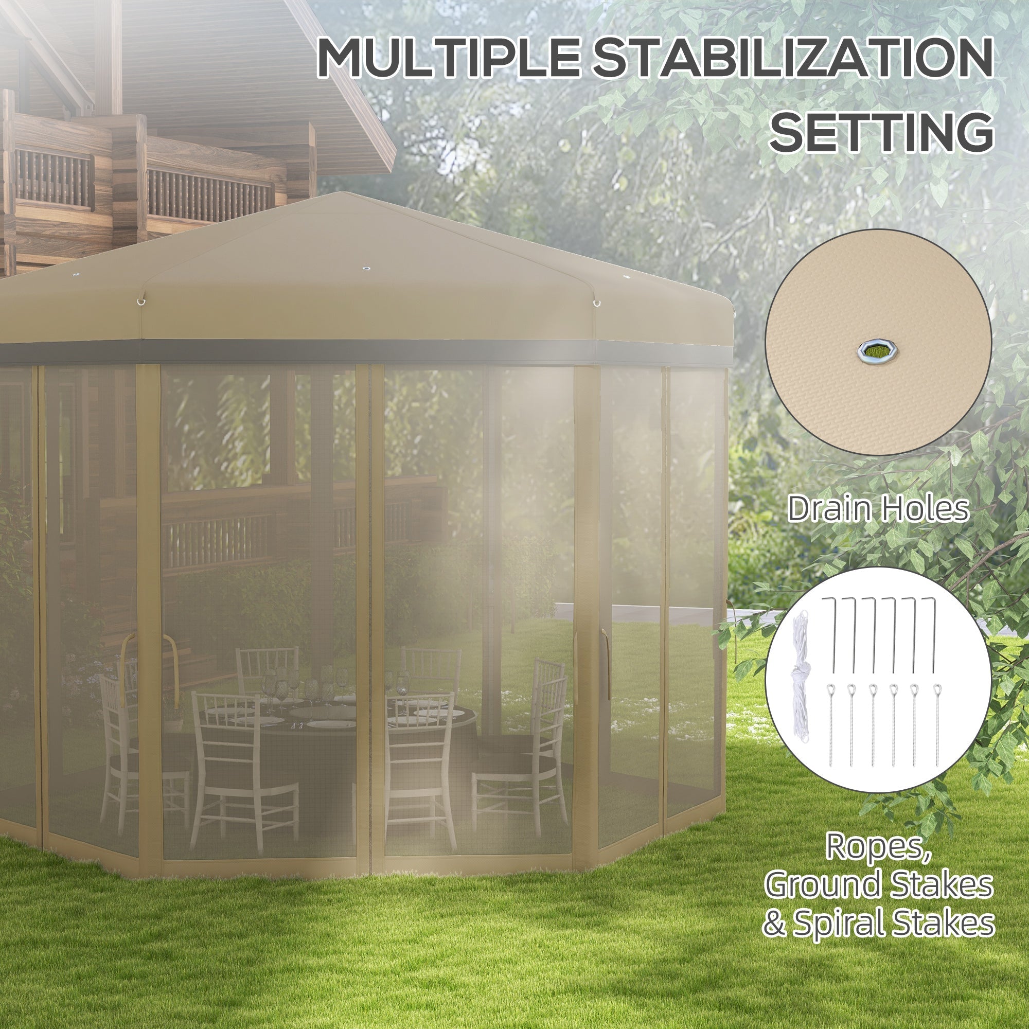 Outsunny 12'x12' Pop Up Canopy, Hexagon Gazebo with Netting, Carry Bag, Height Adjustable Instant Shelter, Khaki