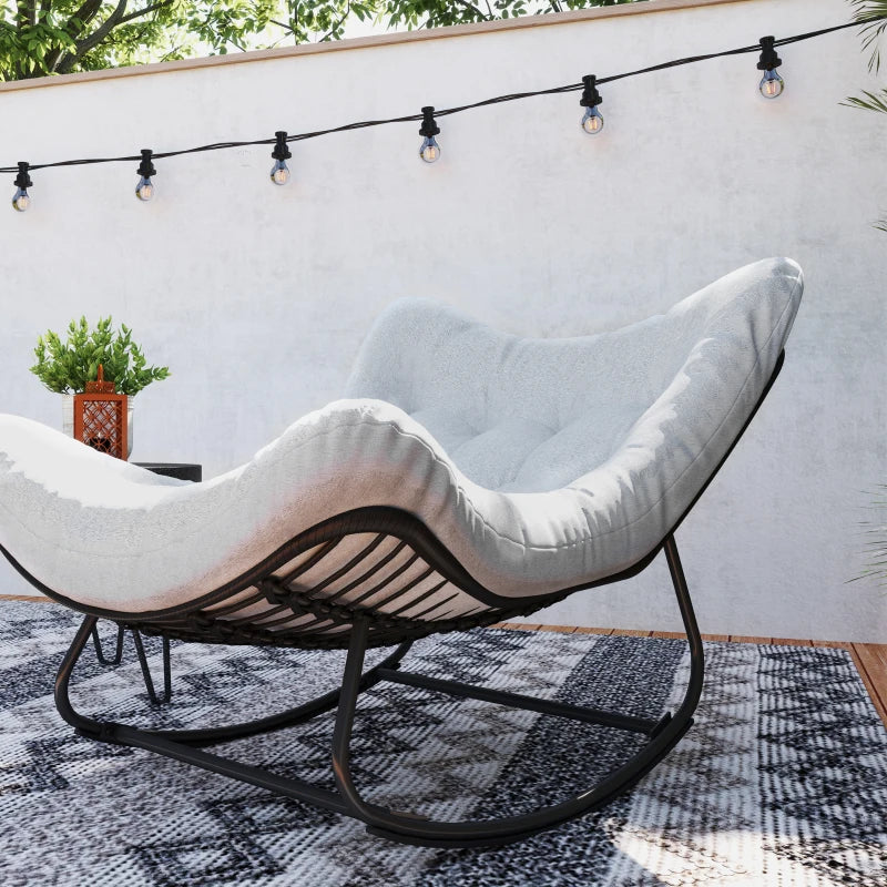 Oversized Rattan Patio Egg Chair, Outdoor Rocking Chair with Padded Cushion for Indoor, Porch, Grey