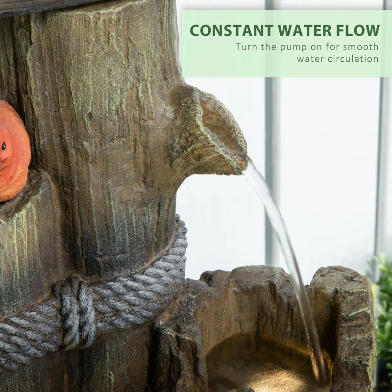 Outdoor Fountain, Garden Waterfall with Birdhouse, 3-Tier Tree Trunk Design, LED Lights for Porch, Deck, Yard, Brown