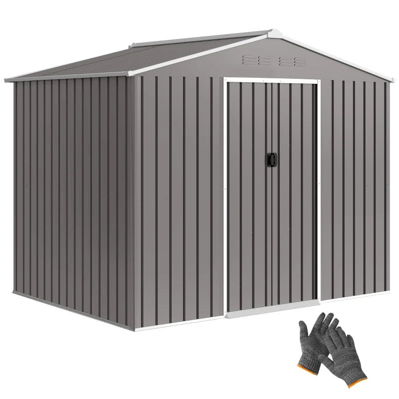 8' x 6' Outdoor Storage Shed, Metal Garden Tool Storage House with Lockable Sliding Doors and Vents, Light Grey