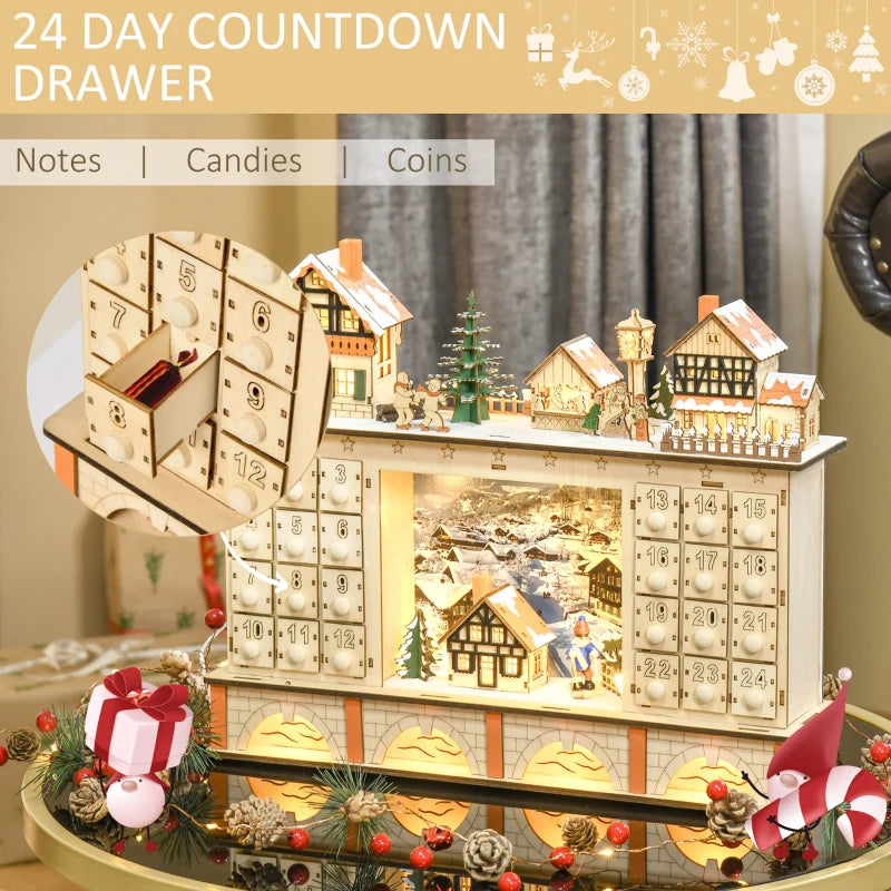 Christmas Advent Calendar, Light Up Table Xmas Wooden Store Holiday Decoration with Countdown Drawer, Village, for Kids and Adults, Natural