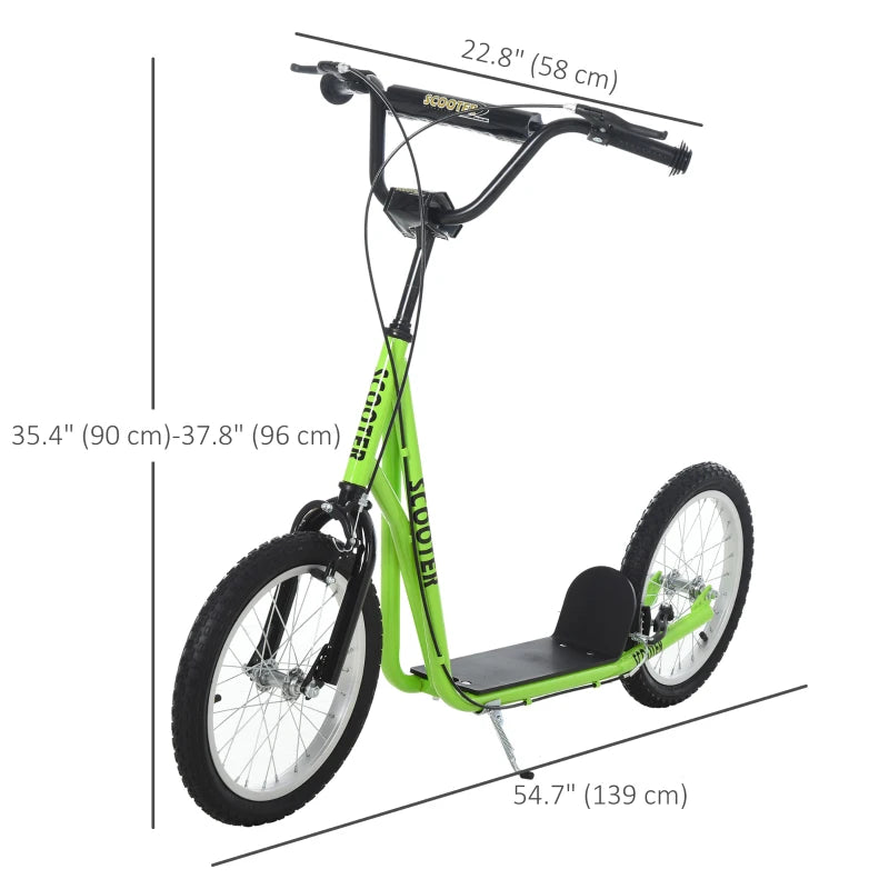 Aosom Kids Kick Scooter for 5+ Year Old, Kids Ride on Toy w/ 16'' Inflatable Wheel Dual Brakes, Green