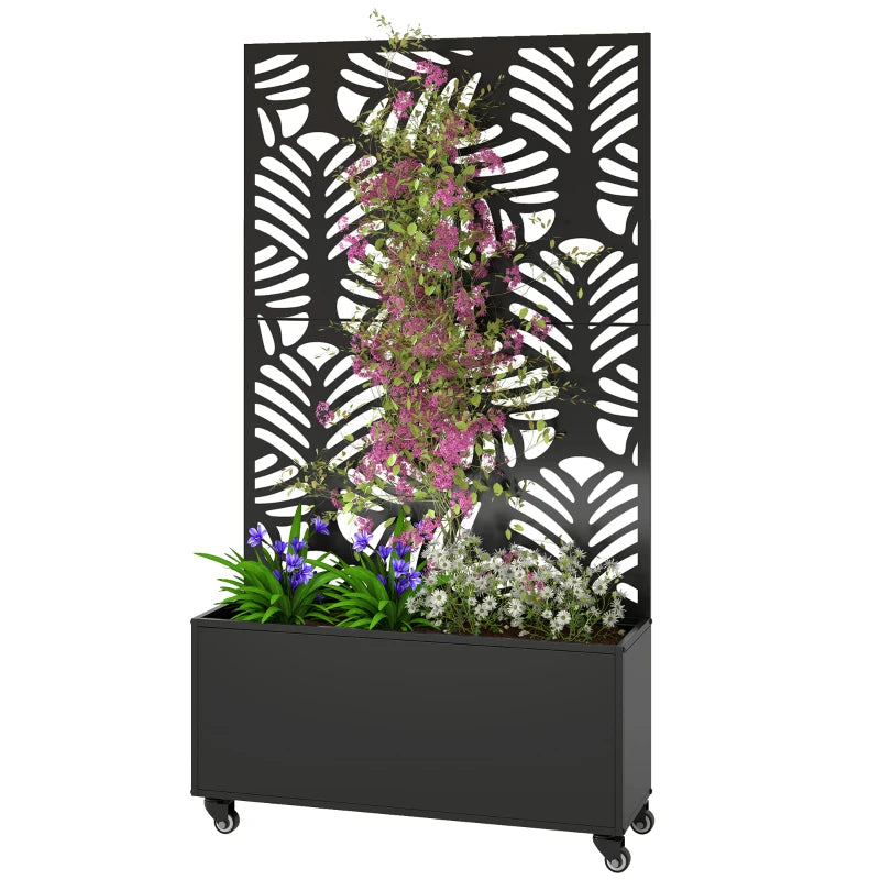 Metal Planter Box with Trellis, Raised Garden Bed with Monstera Leaf Cut-Out Privacy Screen and Wheels