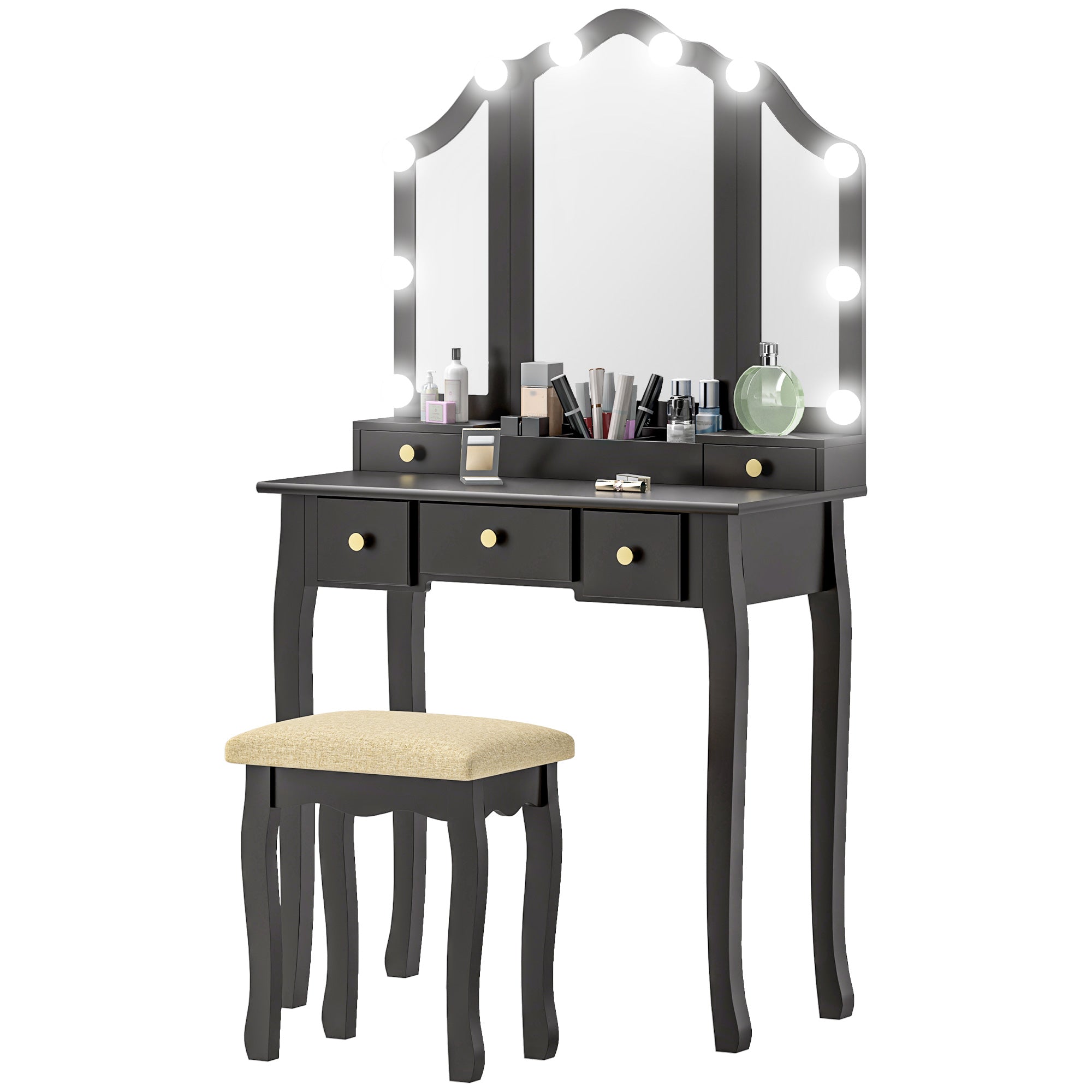 HOMCOM Makeup Vanity Desk with Mirror and Stool, Vanity Set with 10 LED Lights, 5 Drawers and 3 Compartments, Black