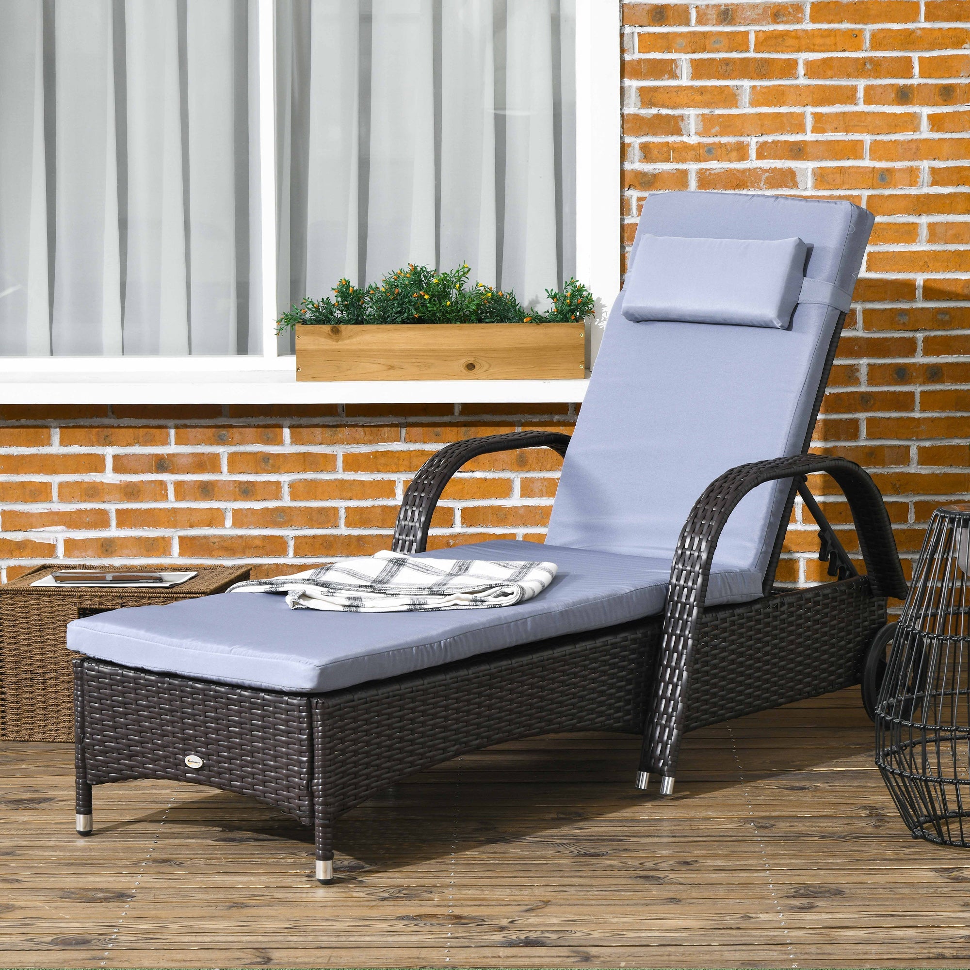 Outsunny Outdoor Lounger Deck Lounge Chair Headrest 5-Level Adjustable Backrest Wheels Deep Coffee Grey