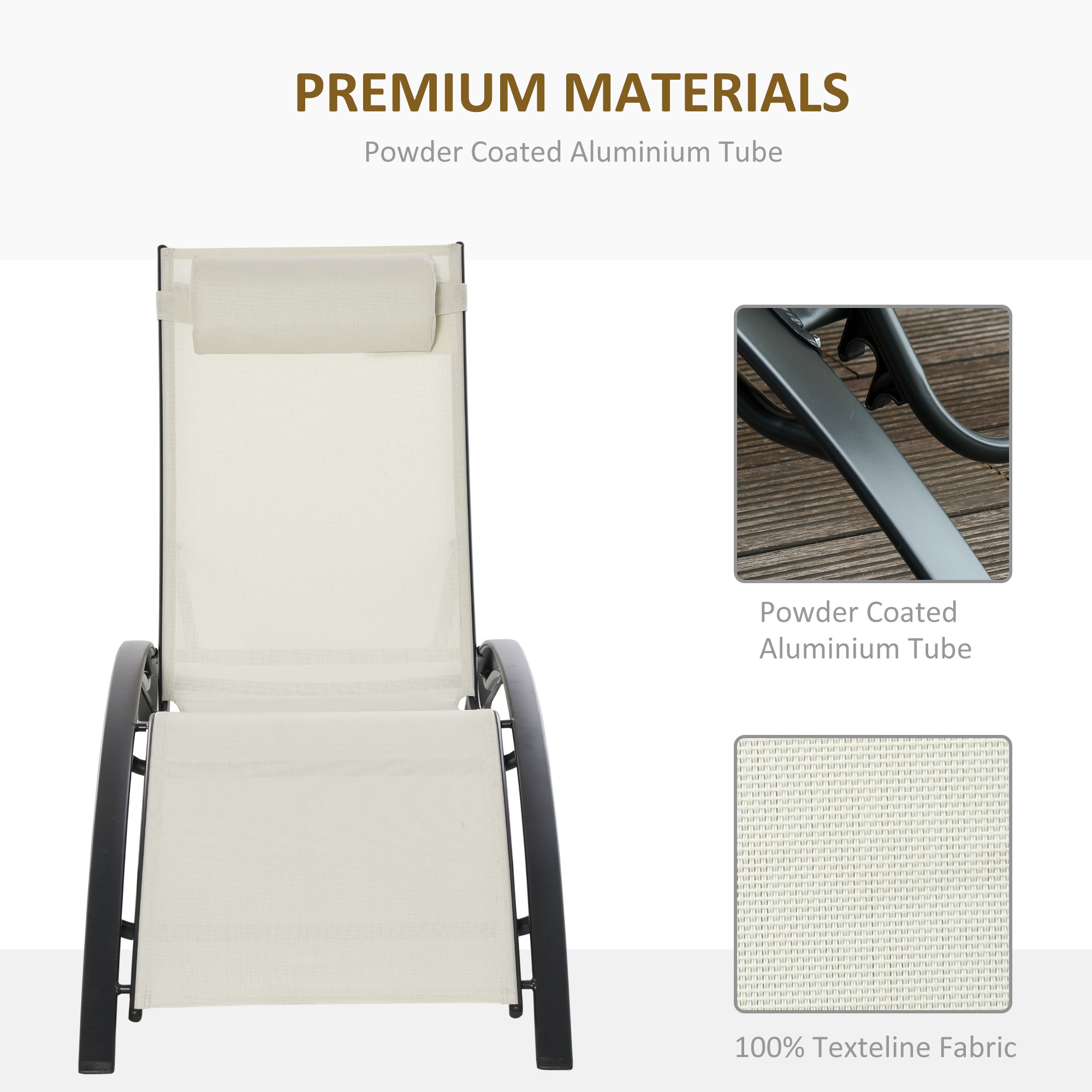 Outsunny Patio Reclining Lounge Chair Outdoor Aluminum Tanning Chair with Adjustable Backrest and Head Pillow Beige
