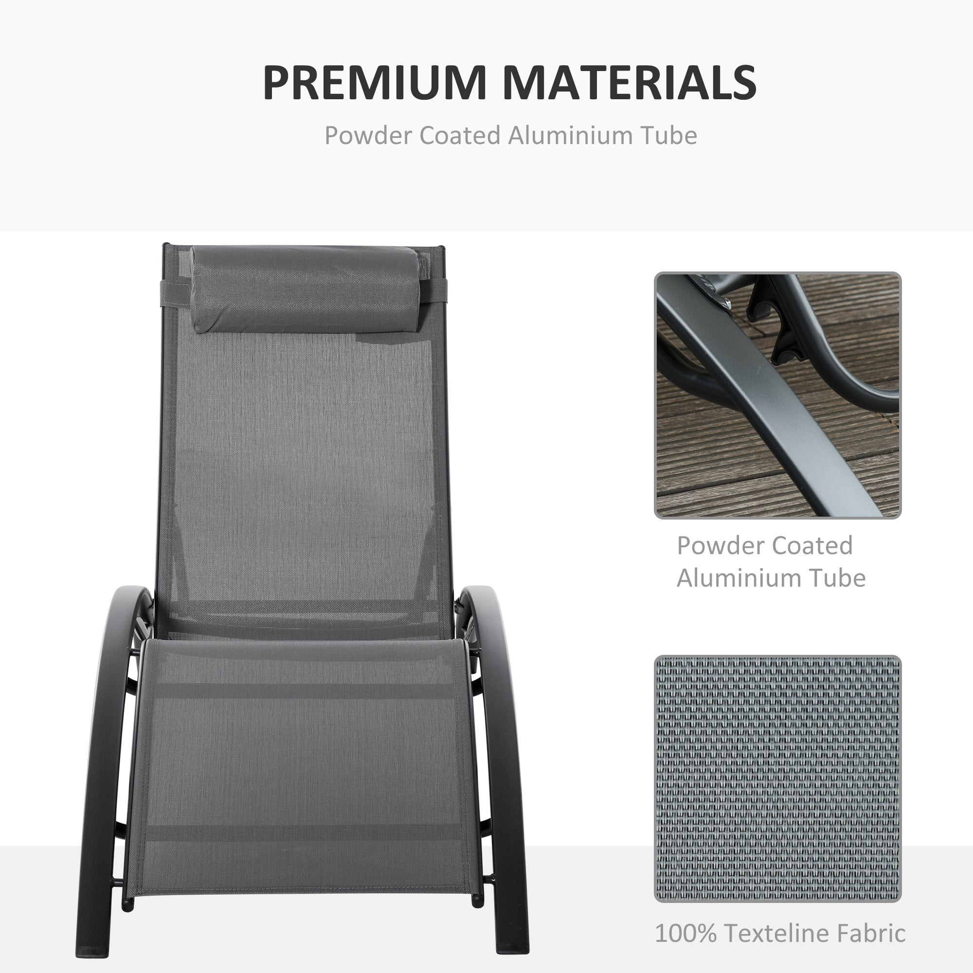 Outsunny Patio Reclining Outdoor Lounge Chair, Outdoor Aluminum Tanning Chair with 5-Level Adjustable Backrest & Head Pillow, Grey