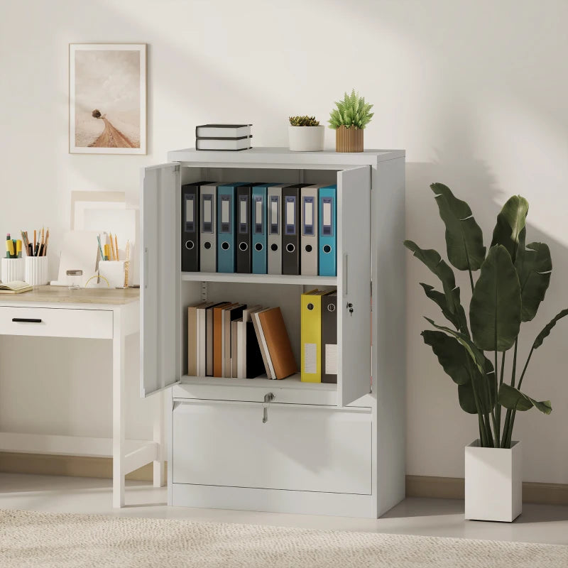 Lateral Filing Cabinet, Metal Storage Cabinet, Garage Cabinet with Double Locks, Adjustable Shelf and File Drawer, White