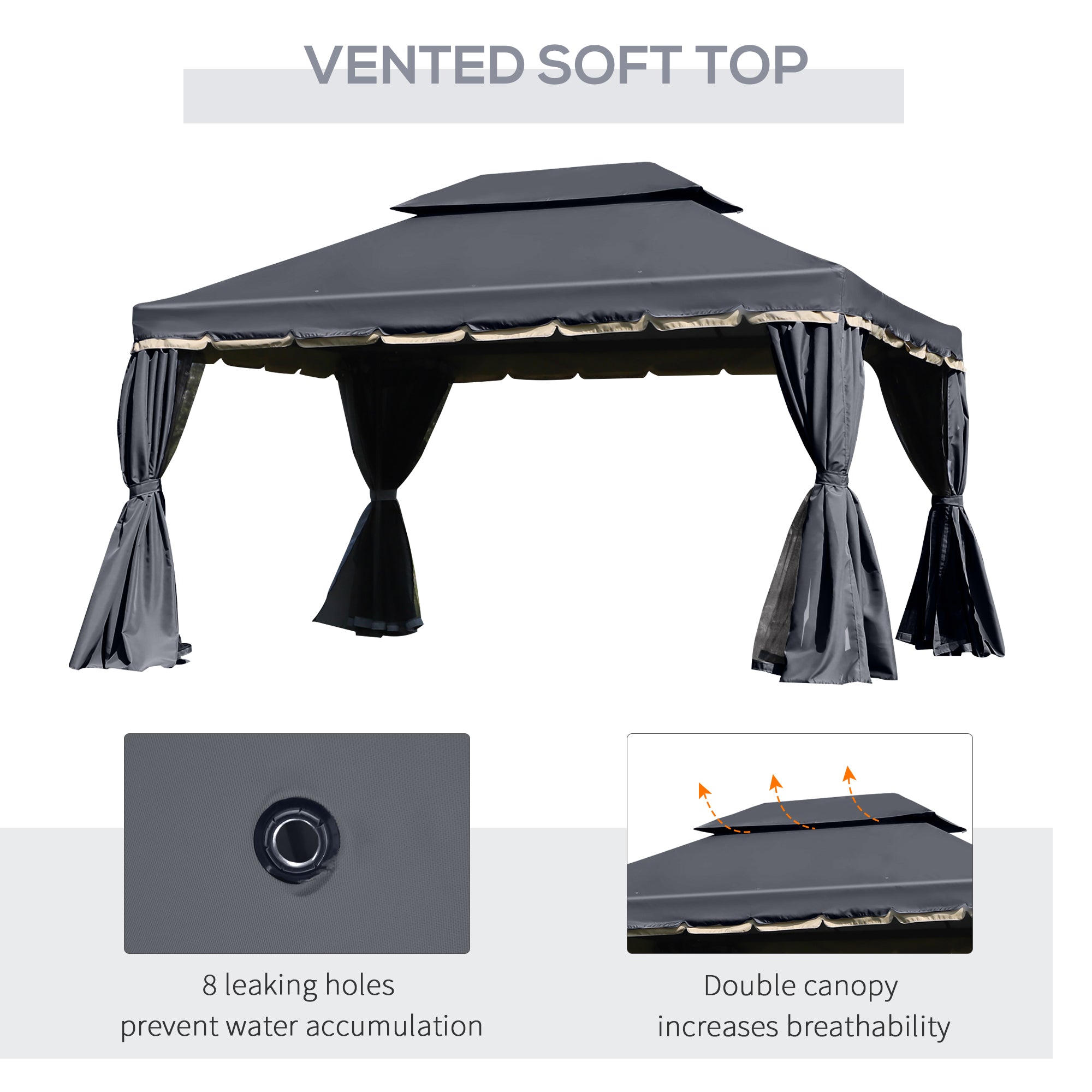 Outsunny Outdoor Patio Gazebo 13x10ft Canopy 2-Tier Roof Vented Mesh Sidewall Aluminum Frame Black