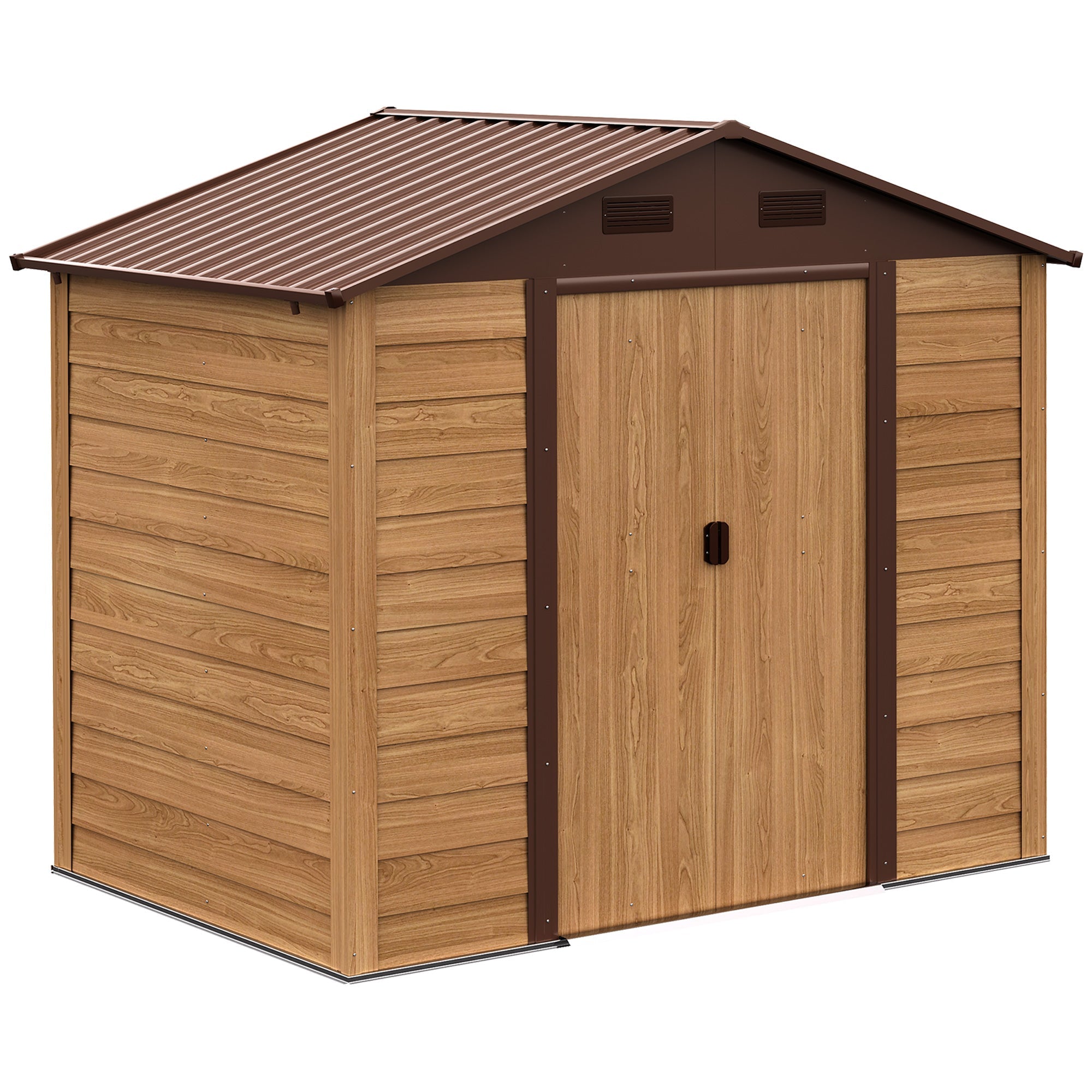 Outsunny 6.4' x 7.7' Outdoor Metal Garden Shed House Hut Gardening Tool Storage with Ventilation, Brown with Wood Grain
