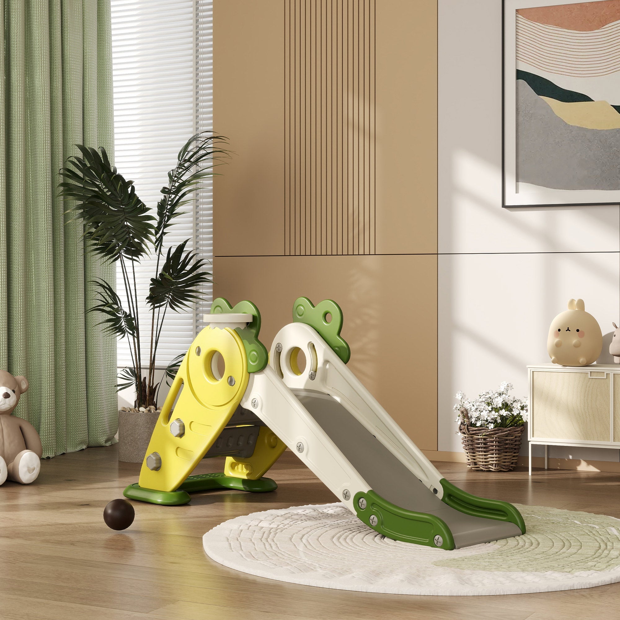 Qaba 3 in 1 Foldable Toddler Slide with Basketball Hoop, Climber, for 1-3 Years Old, Yellow