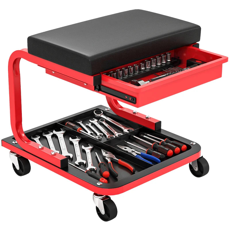 Rolling Garage Stool, 300 LBS Capacity Mechanic Stool with, Tool Trays Storage, Drawer, Black