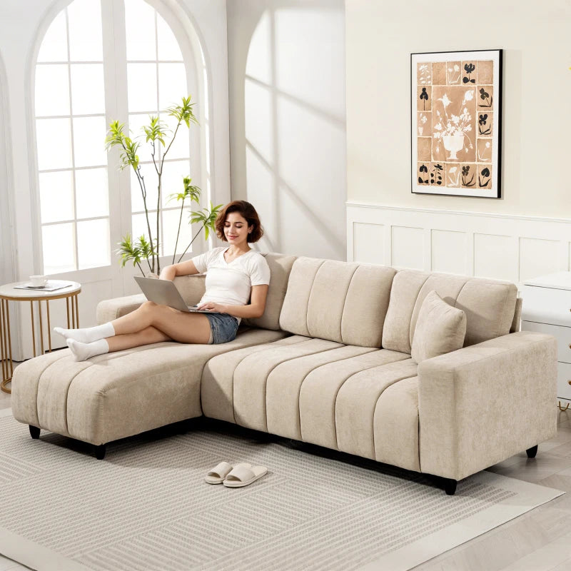 Sectional Couch with Integrated Seat, 3 Seater L-Shaped Sofa with Changeable Chaise, Spring Cushion, 2 Pillows, Beige