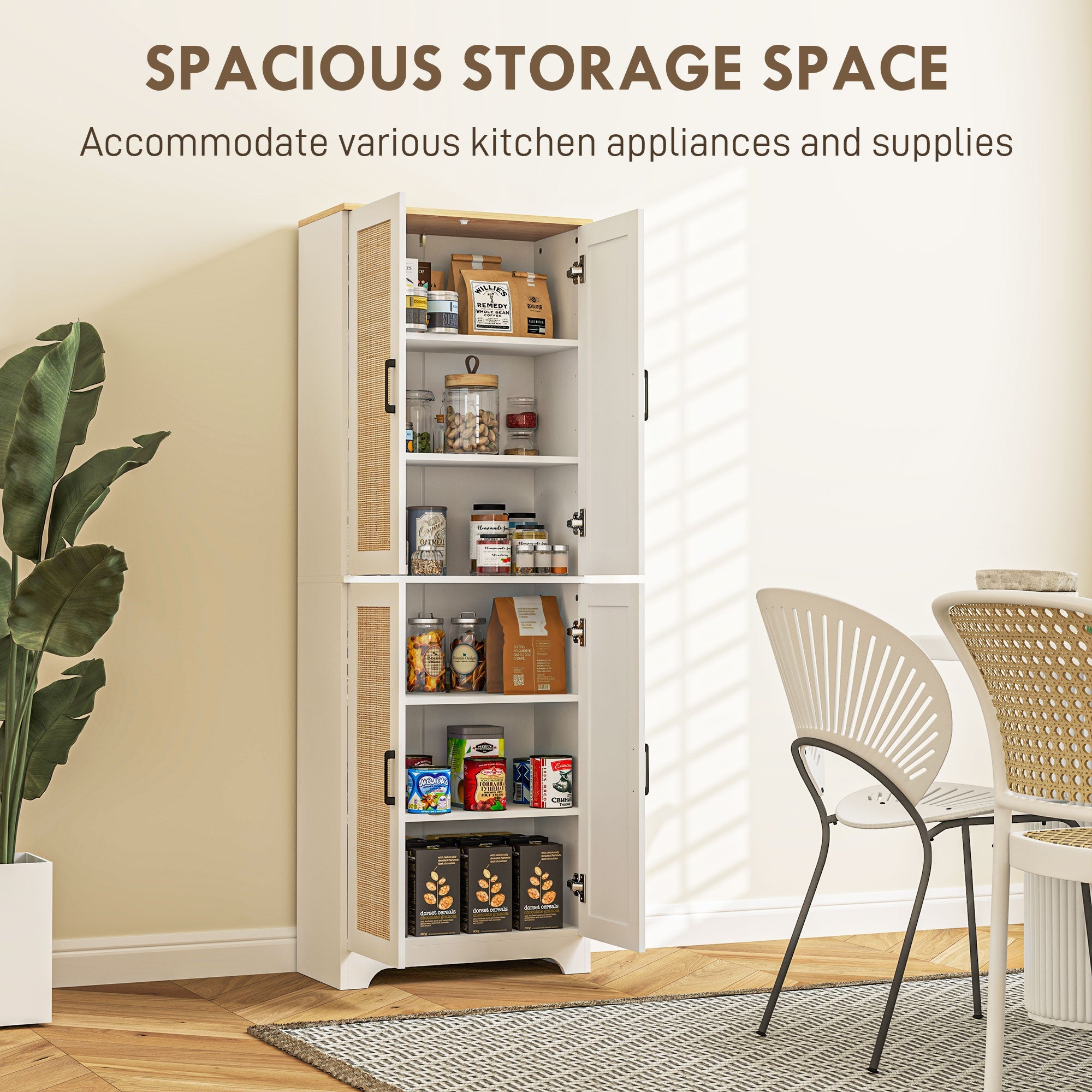 HOMCOM 67" Tall Kitchen Pantry, Freestanding Kitchen Storage Cabinet with 4 Rattan Doors and Adjustable Shelves, White