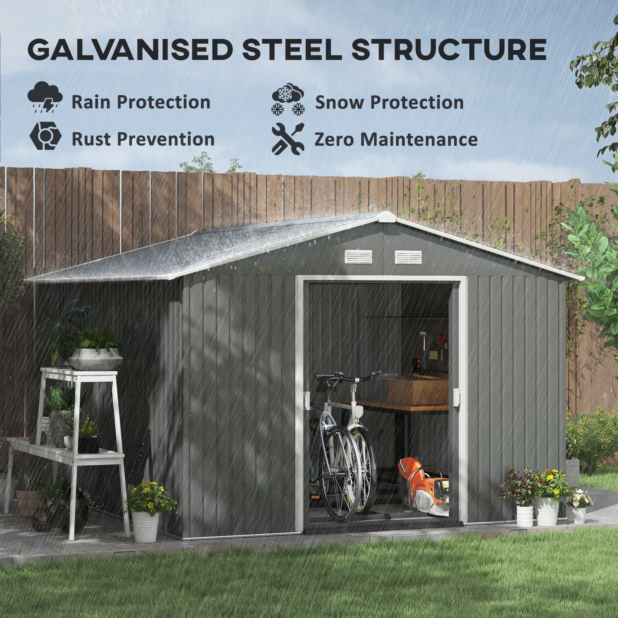 Outsunny 9' x 10.6' Garden Storage Shed w/ Foundation Kit Metal Tool Storage House w/ Double Doors Light Grey