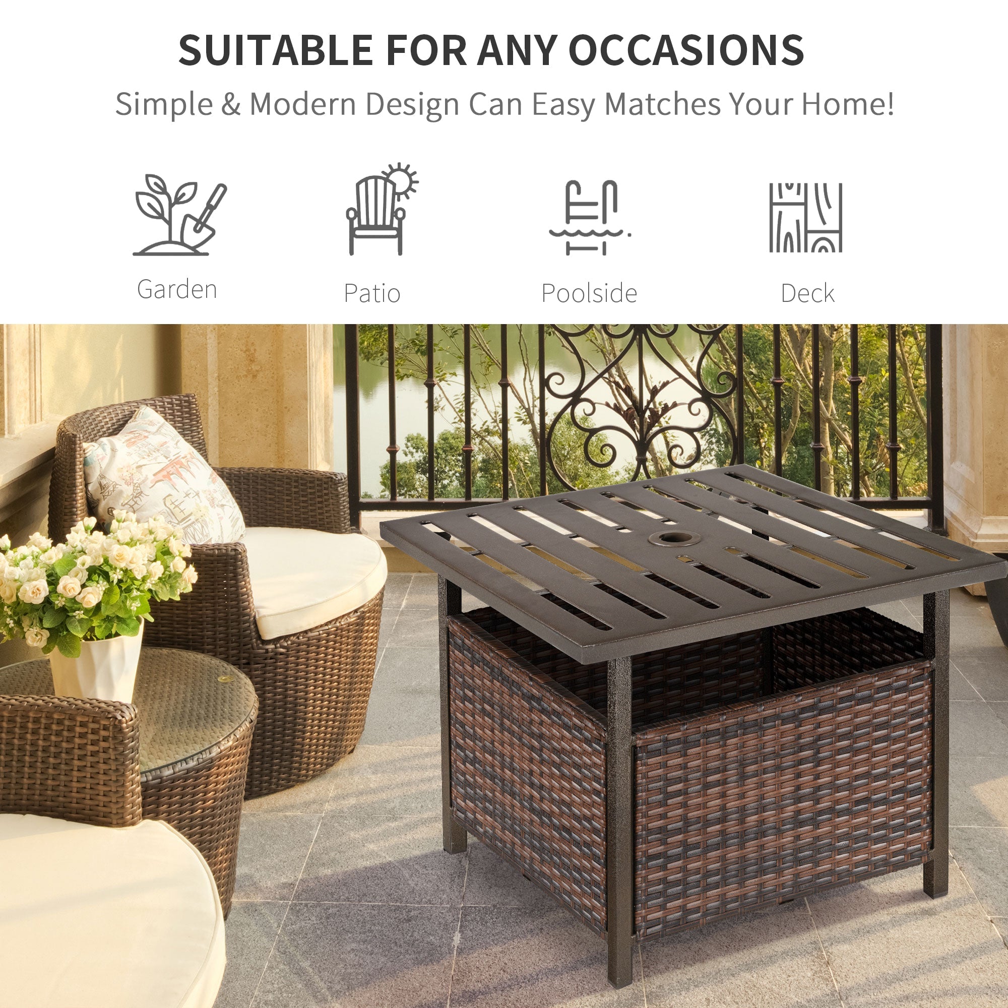 Outsunny Rattan Wicker Patio Coffee Table Outdoor Furniture with Umbrella Hole for Garden Backyard Brown