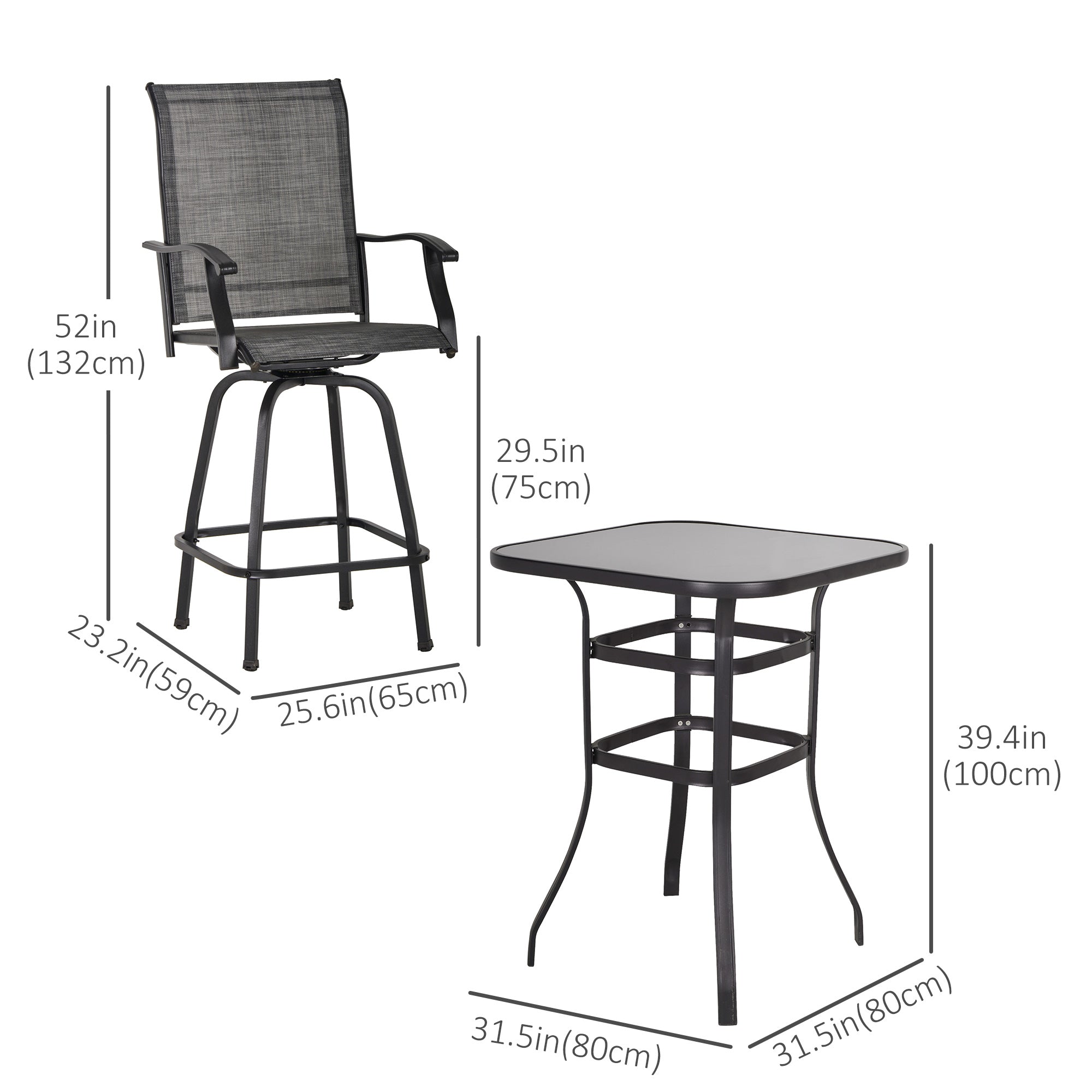 Outsunny 3 Piece Outdoor Patio Bar Set 2 Swivel Stool and 1 Bistro Table All-Weather Metal Frame for Balcony Backyard Deck Grey